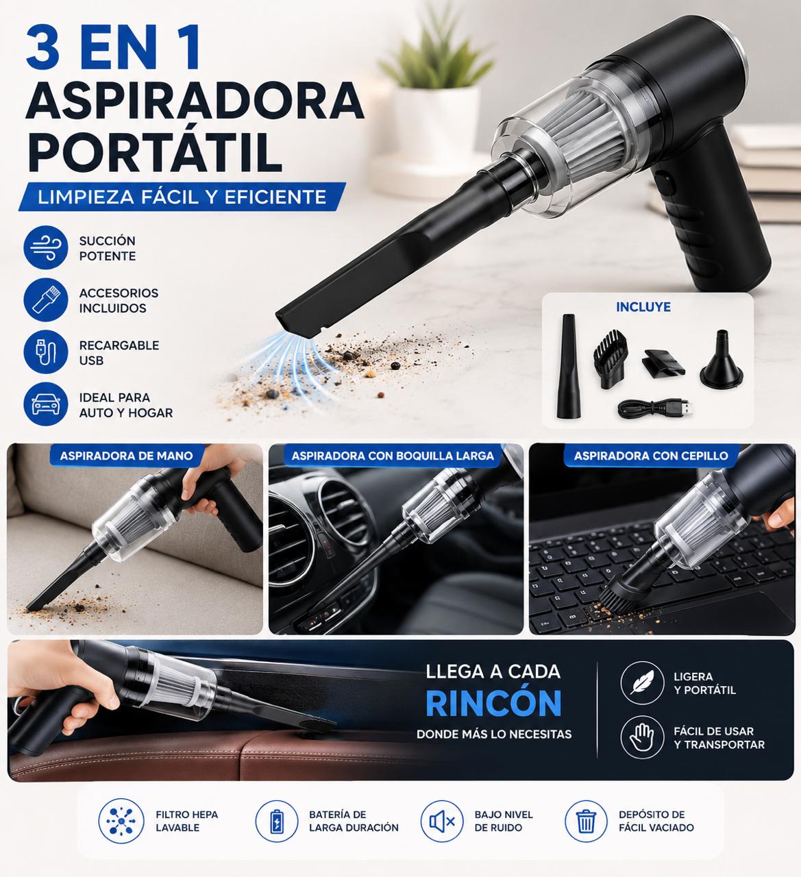 Aspiradora Portatil 3 En 1, recargable.