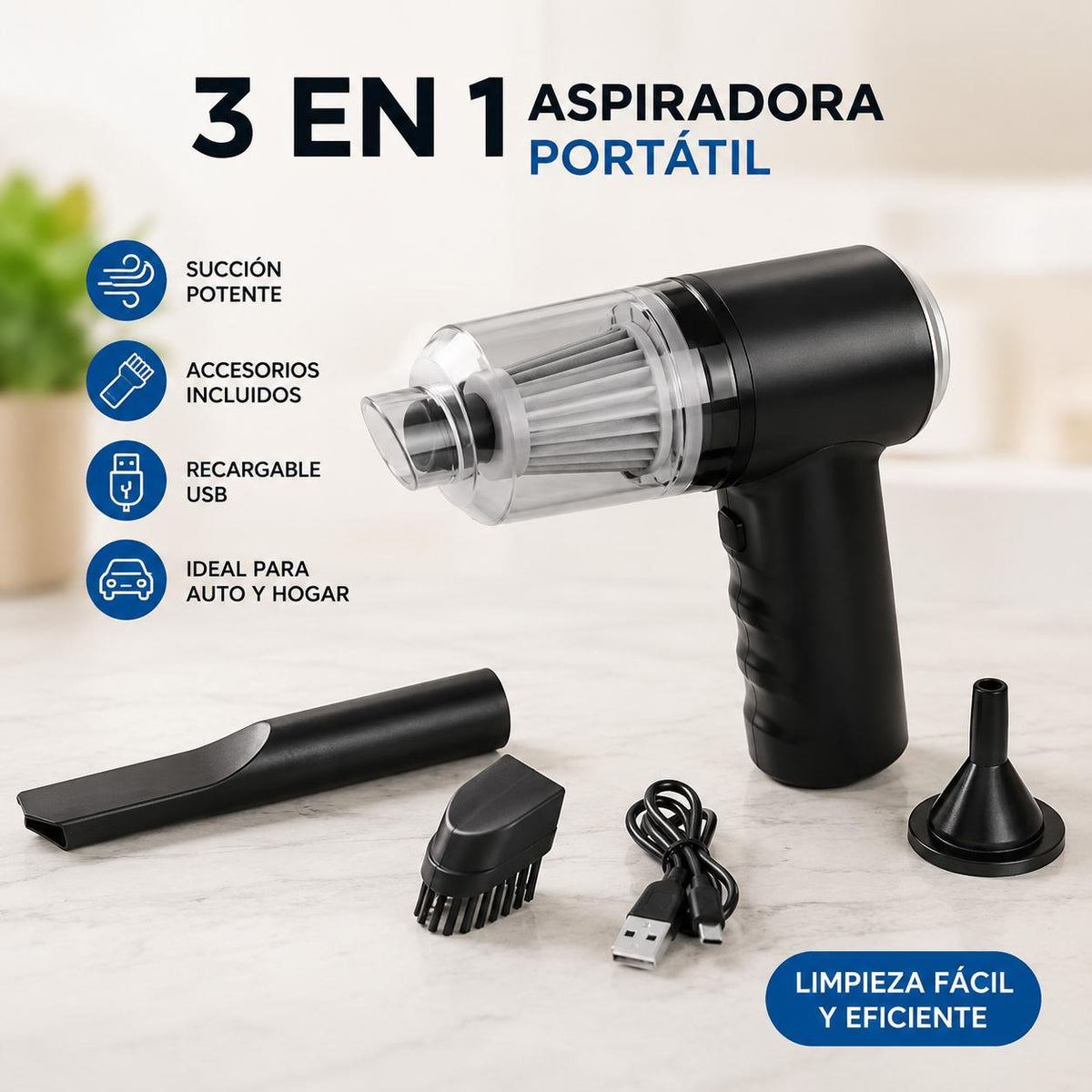 Aspiradora Portatil 3 En 1, recargable.